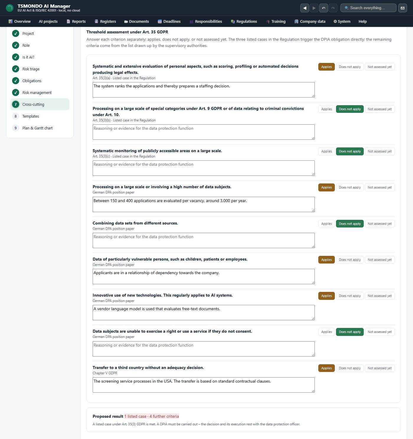 The threshold assessment under Art. 35 GDPR as a checklist of nine criteria, five of them ticked and each ticked one holding a typed reason - from ranking the applications, through the number of applications per vacancy, to the transfer to the USA under standard contractual clauses - closing with a proposed result of one listed case and four further criteria and the note that the decision rests with the data protection officer