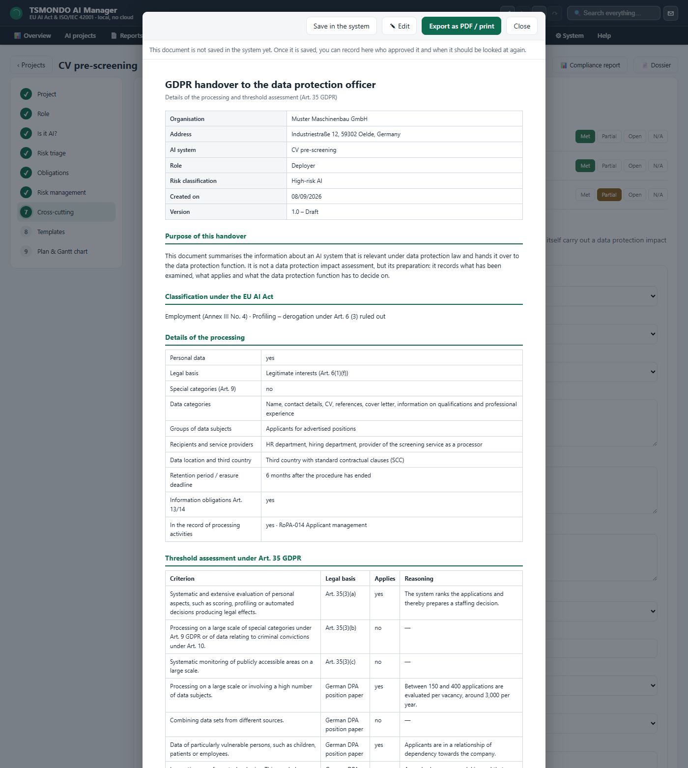 The GDPR handover document open in its preview window, under a bar carrying version 1.0, the status draft and a review date: a header table with organisation, address, AI system, role and risk class, then a purpose paragraph stating that this is not a data protection impact assessment but its preparation, the classification under the AI Act, ten rows of processing details from the legal basis to the entry in the record of processing activities, and the threshold assessment as a table of criterion, legal basis, applies and reasoning