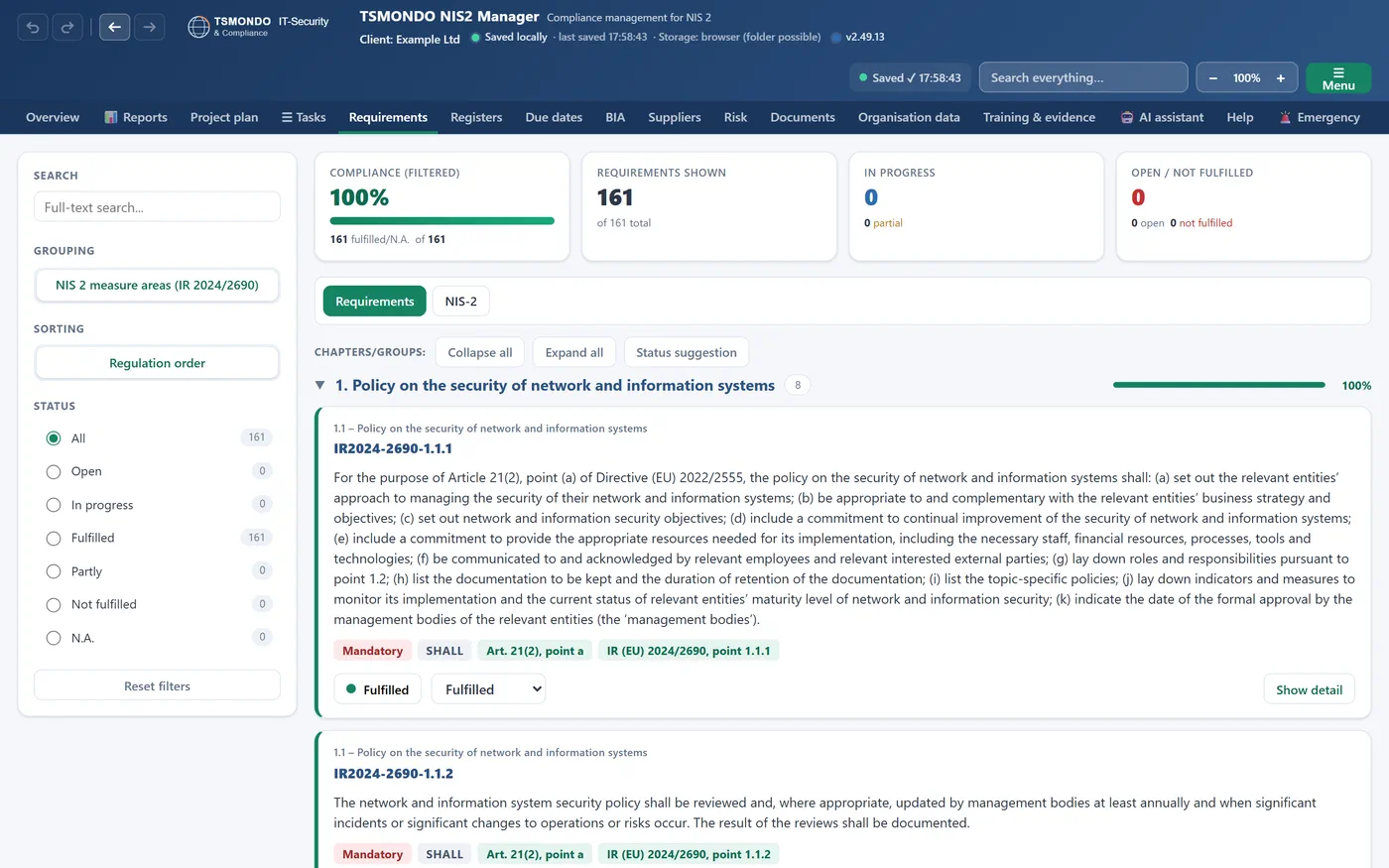 NIS2 Manager requirements catalogue with sidebar filters for status and obligation level, filtered to mandatory requirements, expanded chapters showing NIS 2 and legal references for each requirement.