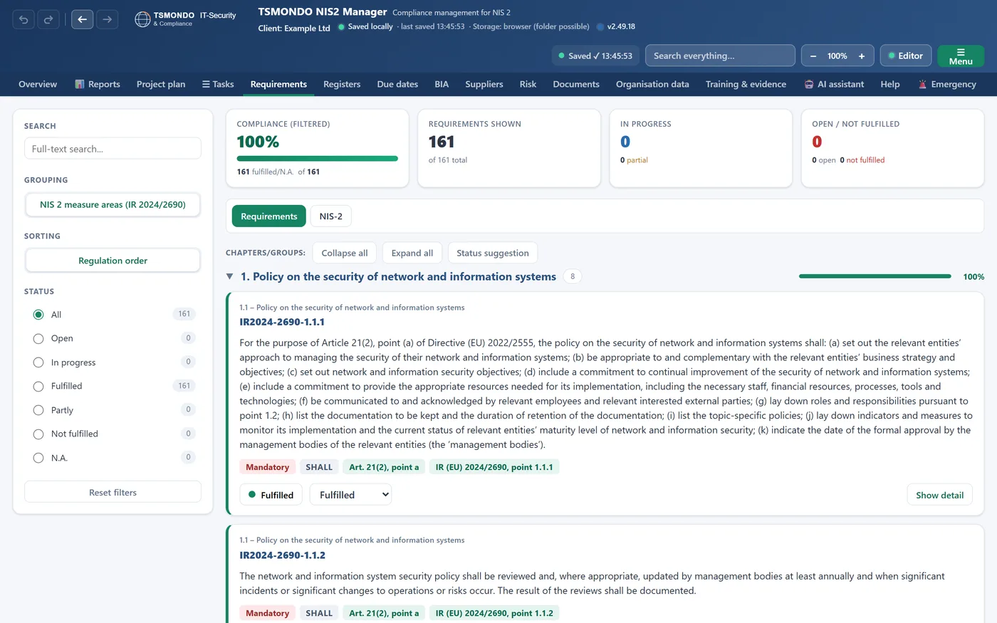 Catalogue d'exigences du NIS2-Manager, édition française : vue complète des 161 exigences, chapitres dépliés, avec les références légales pour chaque exigence.