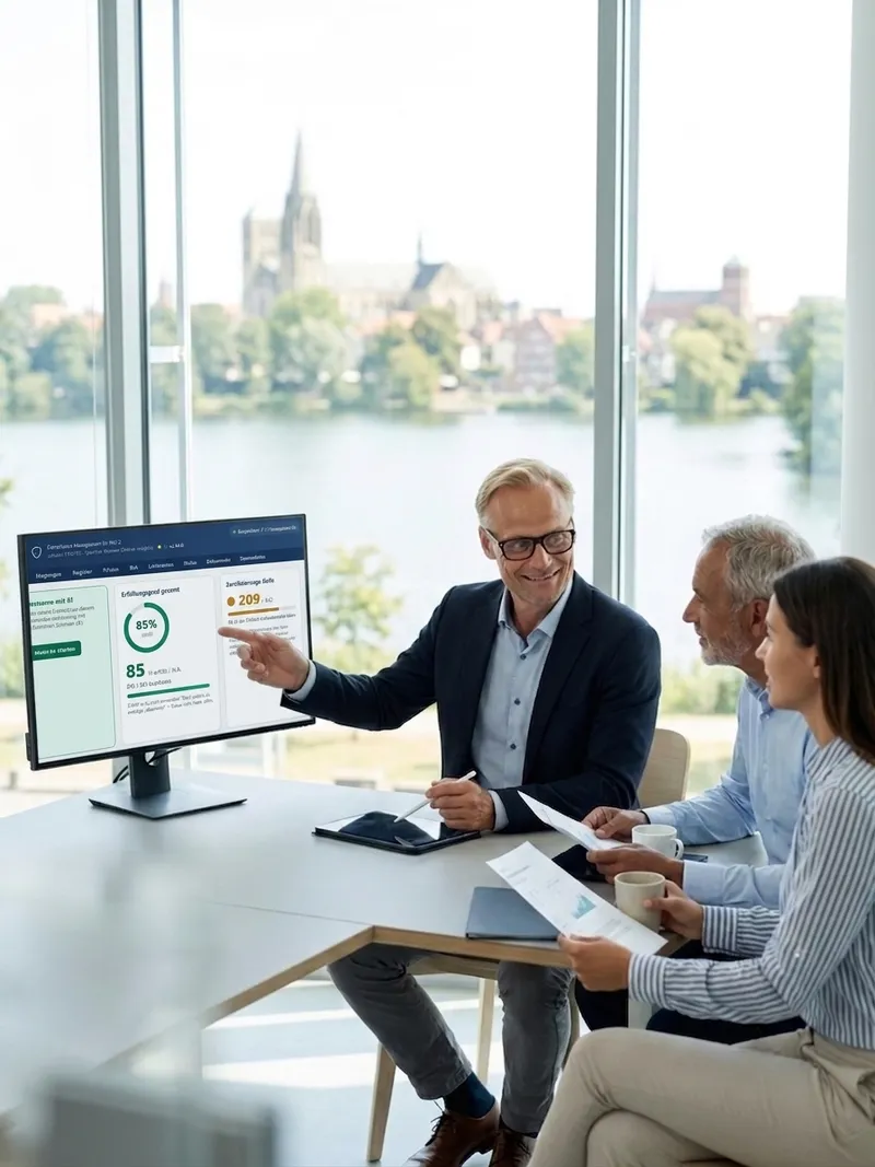 Consulting on NIS2 implementation: view of a monitor displaying the NIS2-Manager software with implementation roadmap and overview.